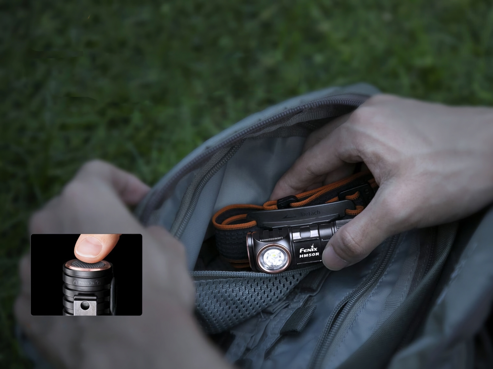 Компактний ліхтарик на лоб Fenix HM50R V2.0 легко поміщається в кишеню туристичного рюкзака.