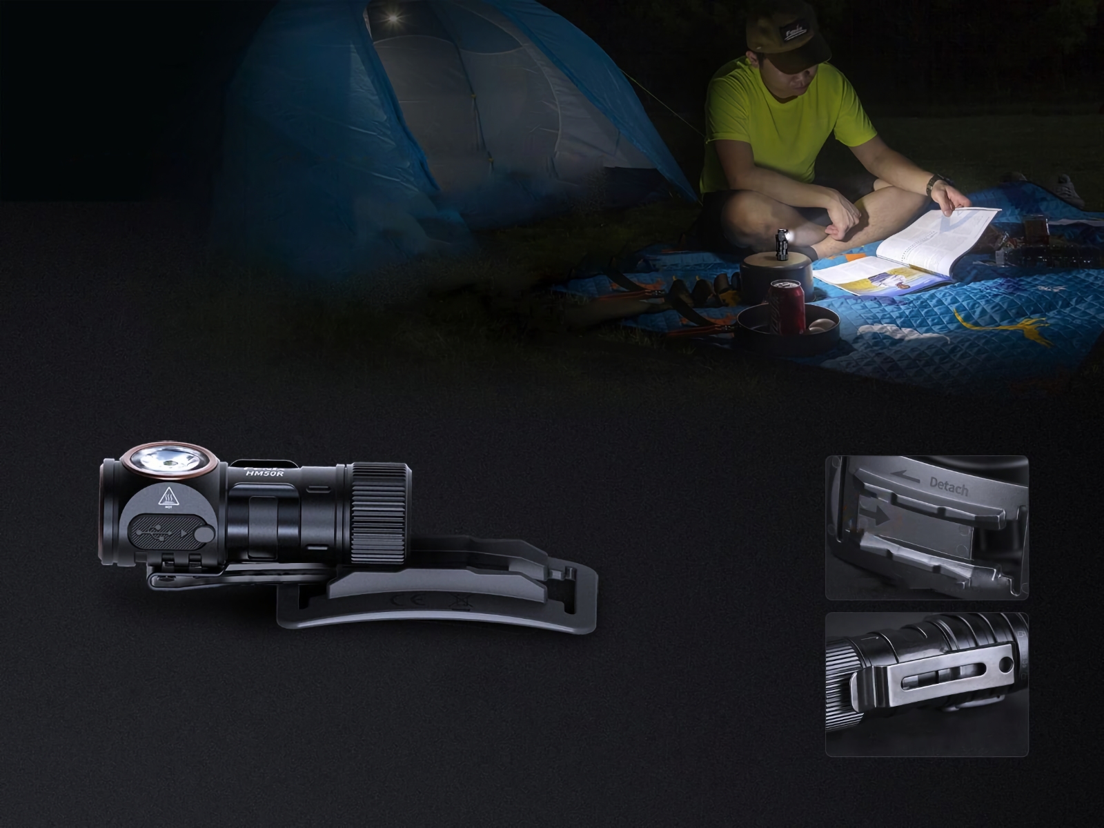 Ліхтарик налобний Fenix HM50R V2.0 з кріпленням для налобного ременя та поясною кліпсою.